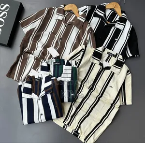 Short-Sleeve Vertical-Striped Cuban Collar Shirts