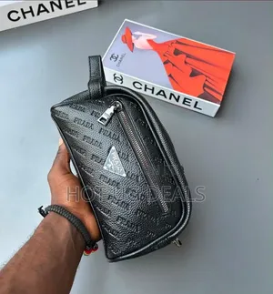 Men's Black Leather Clutch & Toiletry Pouch