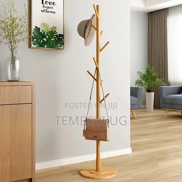 Solid Beech Wood Coat Rack Stand with 8 Hooks - 1