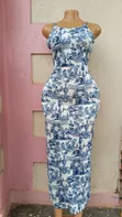 Elegant Blue and White Printed Bodycon Midi Dress - 1