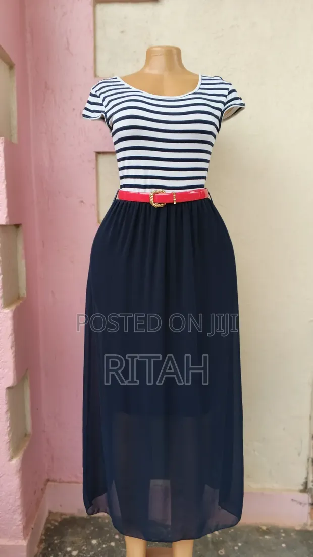 Stylish Navy Blue & White Striped Maxi Dress - 1