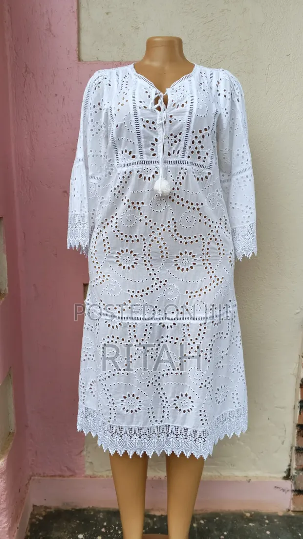 Elegant White Embroidered Lace Dress - 1