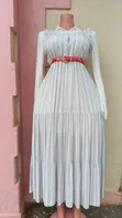 Elegant White Striped Tiered Midi Dress - 1