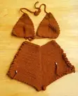 High Waist Crochet Bikini Set - Brown, Size M - 1