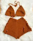 High Waist Crochet Bikini Set - Brown, Size M - 2