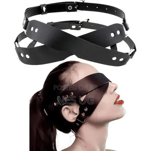 Black Faux Leather Blindfold Costume Harness Mask - 1