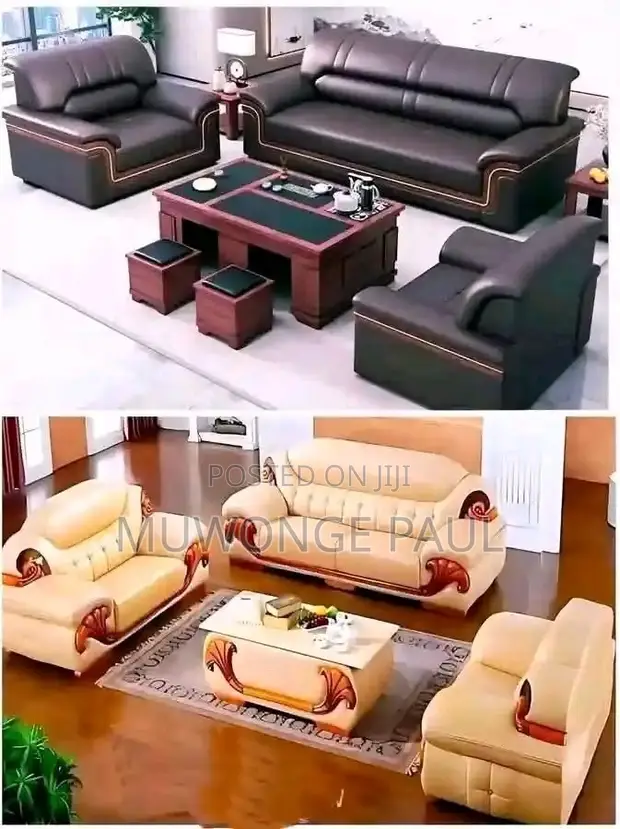Butterfly Cream Leather 5-Seater Sofas - 1