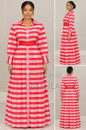 Elegant Red and White Striped Maxi Shirt Dress