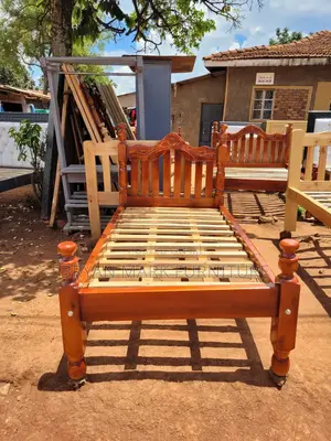 Solid Musambya Wood Single Bed Frame - Mahogany Finish