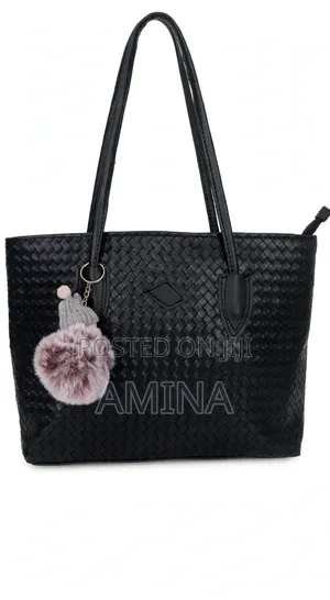 Black Woven Hand Bag with Pompom