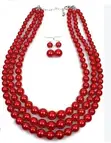 Elegant Red Pearl Necklace and Earrings Set - 1