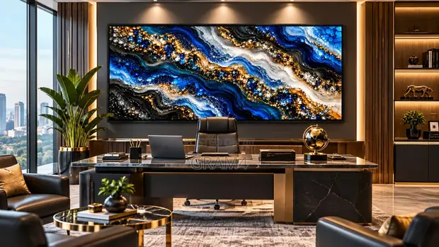 Blue Gold 3D-Effect Abstract Wall Art (120x60cm) - Framed Canvas - 1