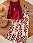 2 Piece Burgundy Top & Graphic Trousers Set - 2