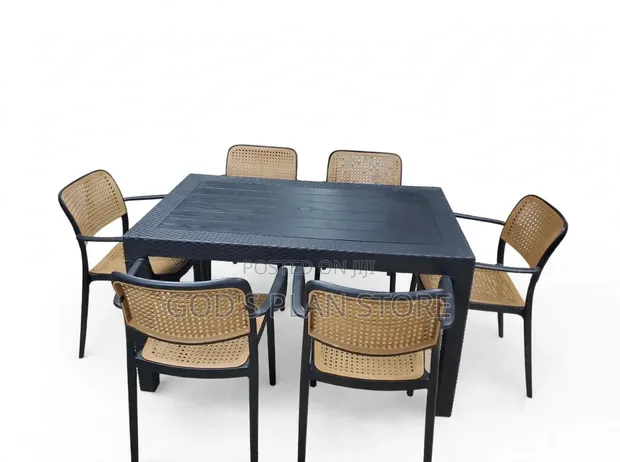 Black Dining Table and 6 Beige Plastic Chairs - 1