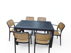 Black Dining Table and 6 Beige Plastic Chairs
