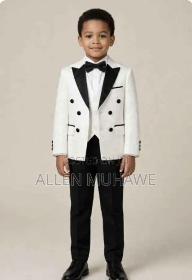 Kids White Suit with Black Trousers (5-Piece) - 1