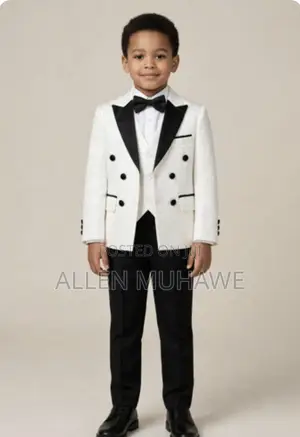 Kids White Suit with Black Trousers (5-Piece)