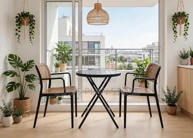 Black Foldable Dining Table with Rattan Plastic Chairs - 1
