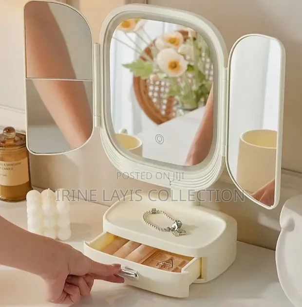 Trifold LED Makeup Mirror with Organizer Base - 1