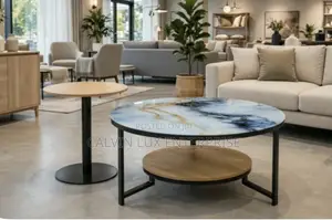 Modern Round Coffee Table - Blue Marble Glass Top